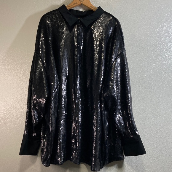 Future Collective Black Sequin Kahlana Barfield Brown Button Down Shirt sz 3X - Picture 4 of 11